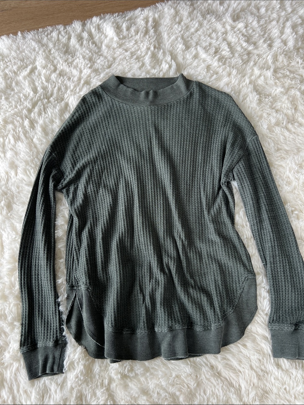 Waffle Knit Long Sleeve Sweater - Dark Green